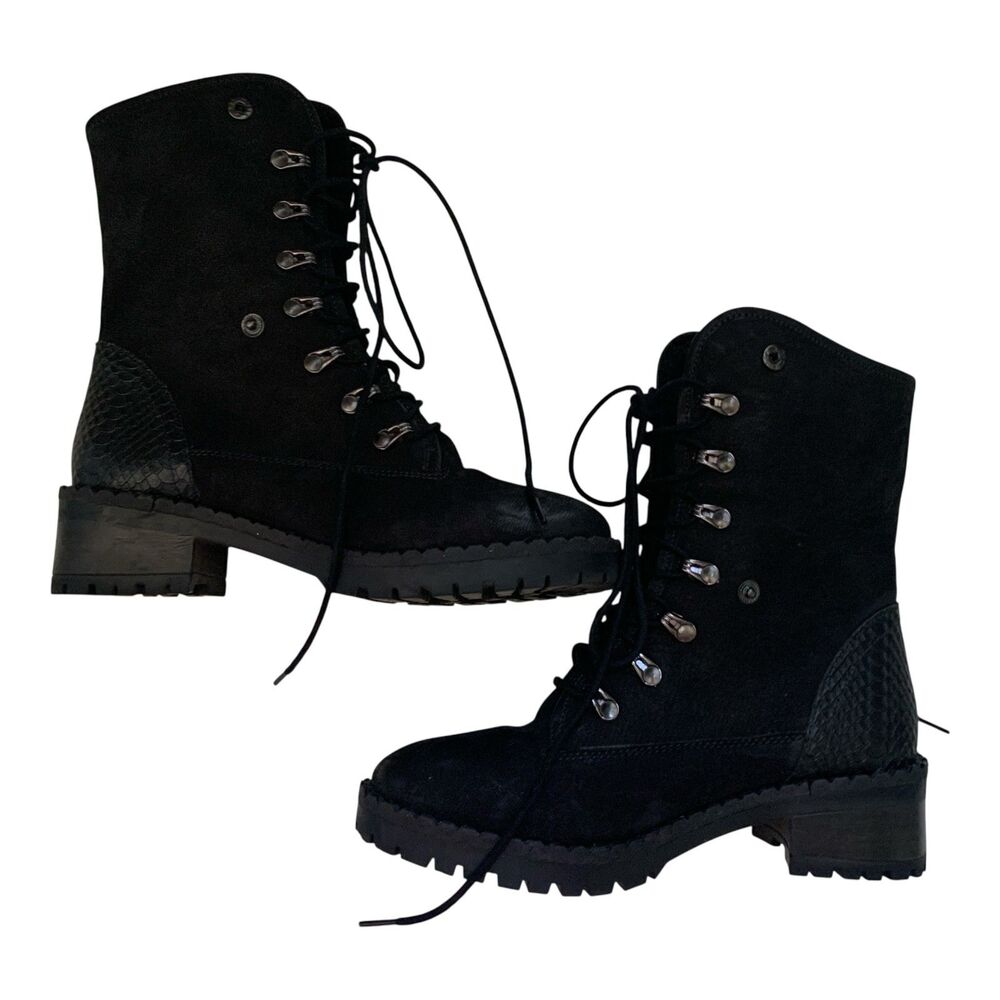 Vintage Foundry Co. Black Combat Boots SZ 6.5 Suede Leather Lace Up Low Heeled